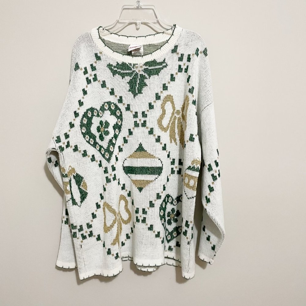 Vintage Holiday Time Size L Christmas Metallic Bow Ornament Sweater Festive